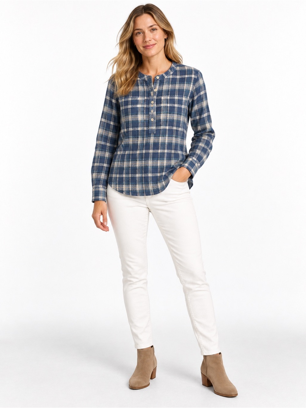 L.L.Bean Blue Plaid 100% Cotton Pullover Shirt XS